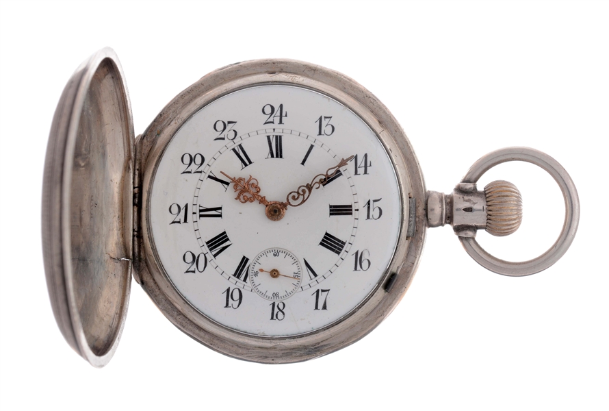 SWISS MADE UNMARKED DOUBLE FACED SILVER POCKET WATCH.