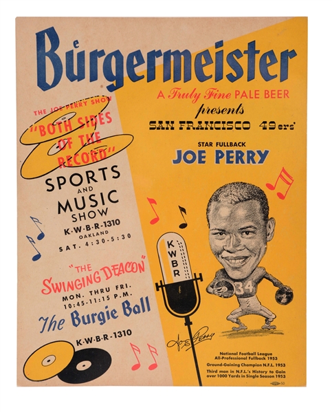 UNUSUAL 1950S BURGERMEISTER JOE PERRY ADVERTISING SIGN.