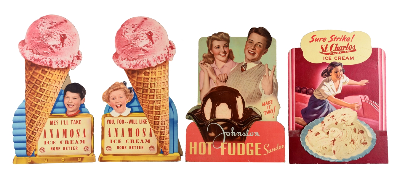 LOT OF 8: ICE CREAM CARDBOARD ADVERTISING SIGNS.