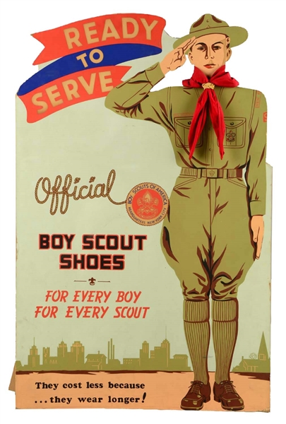 OFFICIAL BOY SCOUT SHOES DIE-CUT CARDBOARD ADVERTISING SIGN.