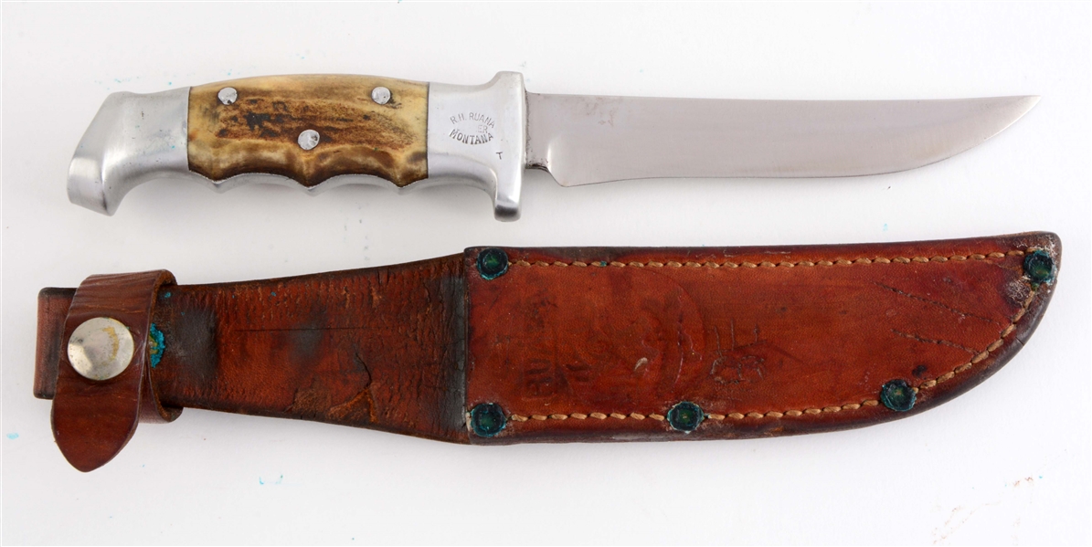 R.H. RUANA T MARK SQUARE INSERTS FINGER NOTCHED STAG HANDLE.