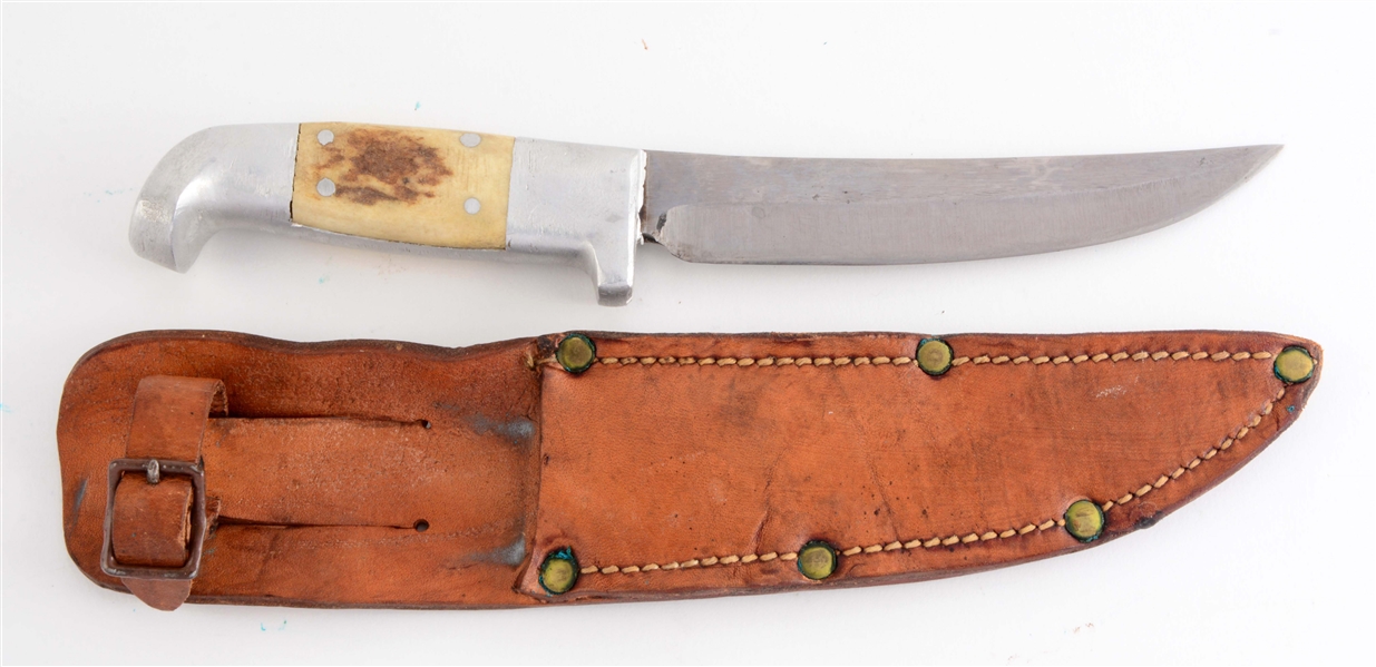 R.H. RUANA EARLY 11A STAG HANDLED HUNTER WITH BELT BUCKLE SHEATH.
