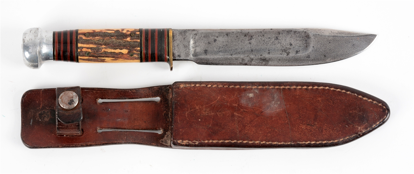 MARBLES GLADSTONE MICH. USA "IDEAL" STAG HANDLED SHEATH KNIFE.