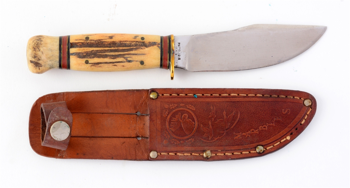 GLADSTONE MICH. USA "WOODCRAFT" STAG HANDLED SHEATH KNIFE.