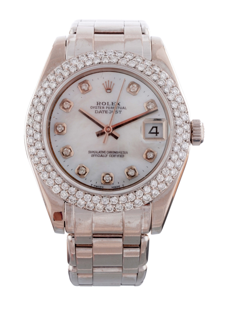 ROLEX 18K WHITE GOLD DATEJUST PEARLMASTER AFTERMARKET DIAMOND BEZEL AND MOTHER OF PEARL DIAL LADIES REFERENCE 81209 CASE SERIAL K912XXX