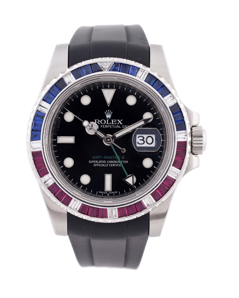 ROLEX GMT MASTER II AFTERMARKET RED WHITE BLUE DIAMOND ROTATING BEZEL MENS REFERENCE 116710 CASE SERIAL ZT471XXX