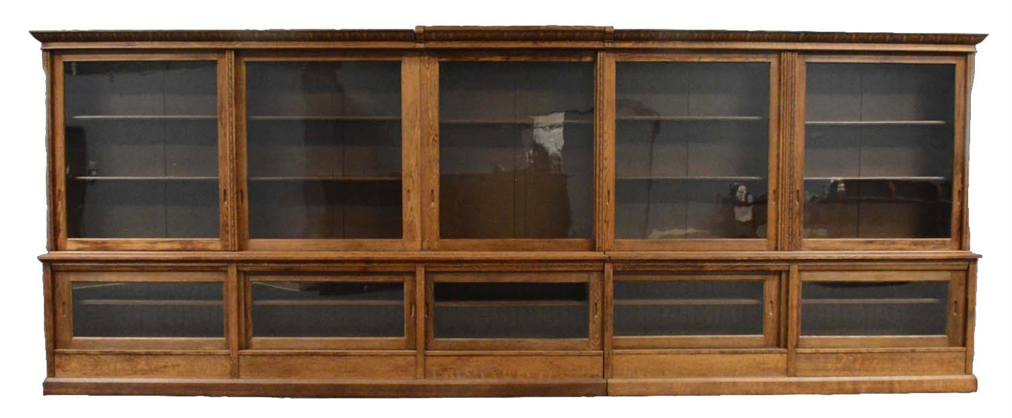 LARGE OAK AND GLASS CABINET.