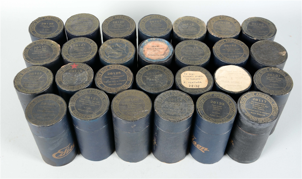 LOT OF 27: EDISON 4-MINUTE BLUE AMBEROL CONCERT SERIES CYLINDER RECORDS.