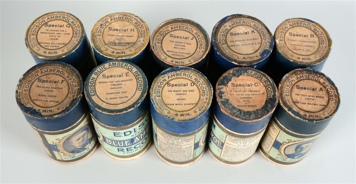 LOT OF 10: EDISON BLUE AMBEROL SPECIAL SERIES CYLINDER RECORDS.