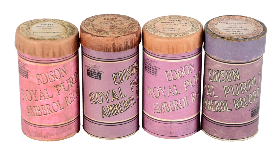 LOT OF 4: RARE 1ST SERIES EDISON ROYAL PURPLE AMBEROL CYLINDER RECORDS. 