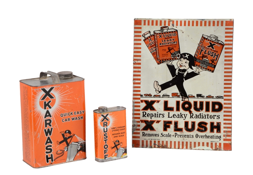 LOT OF 3:"X" LIQUID EMBOSSED SIGN AND CANS.