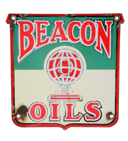 BEACON OILS W/ LOGO SHIELD SHAPED PORCELAIN SIGN.