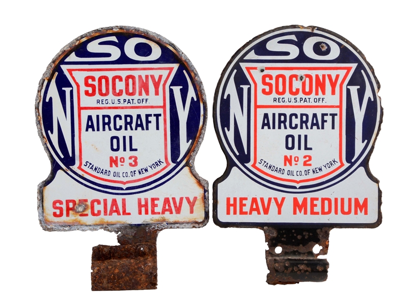 LOT OF 2: SOCONY AIRCRAFT OIL NO. 2 & NO. 3 PORCELAIN PADDLE SIGNS.