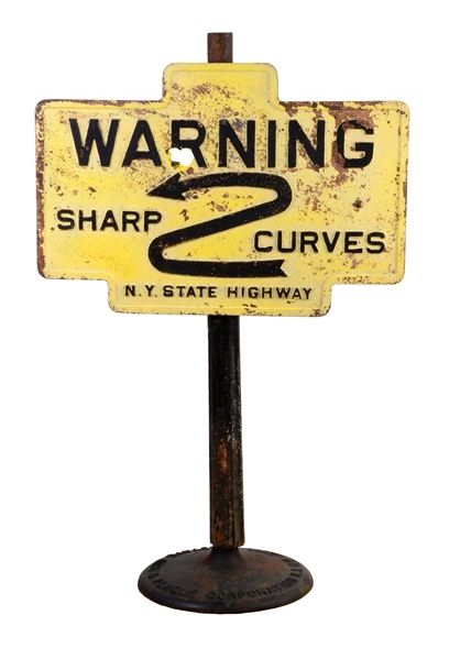 NEW YORK STATE HIGHWAY CAST IRON "SHARP CURVES" WARNING SIGN.