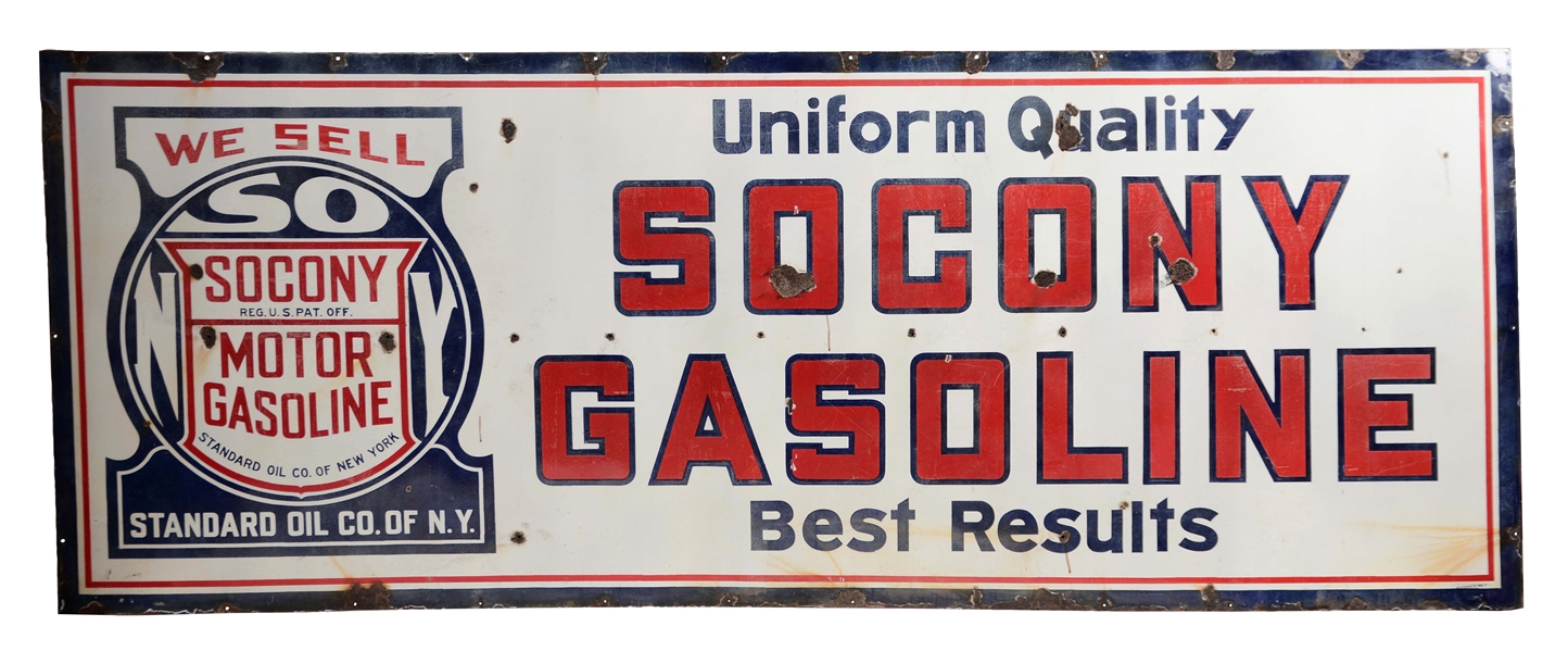 LARGE UNIFORM QUALITY SOCONY GASOLINE FOR BEST RESULTS PORCELAIN SIGN.
