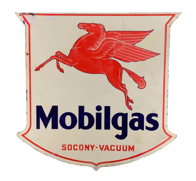 MOBILGAS SOCONY-VACUUM PEGASUS SHIELD SHAPED PORCELAIN SIGN.