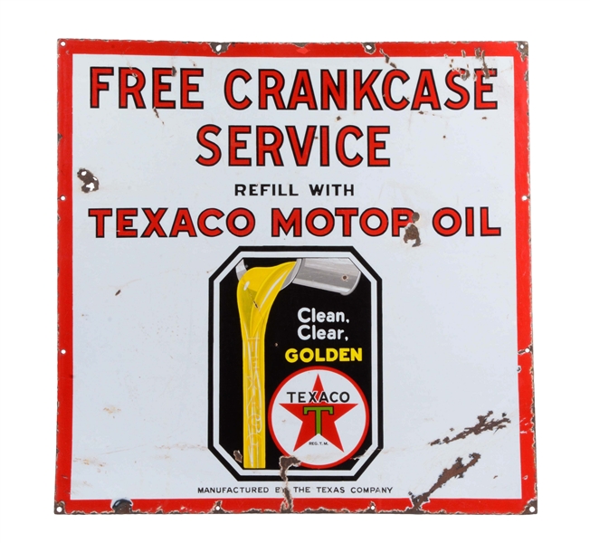 TEXACO "FREE CRANKCASE SERVICE" MOTOR OIL PORCELAIN SIGN.