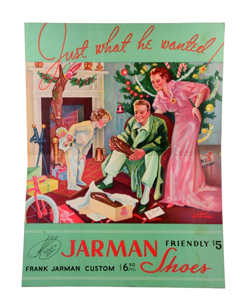 ORIGINAL JARMANS SHOE POSTER W/ FAMILY CHRISTMAS MORNING SCENE.