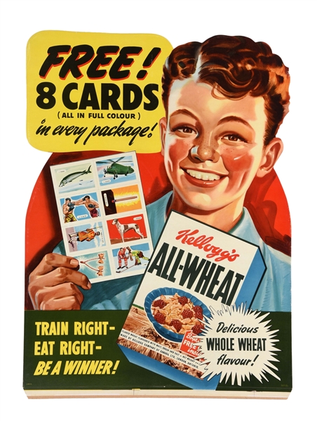 KELLOGGS ALL-WHEAT FREE COLLECTIBLE CARD ADVERTISING SIGN. 