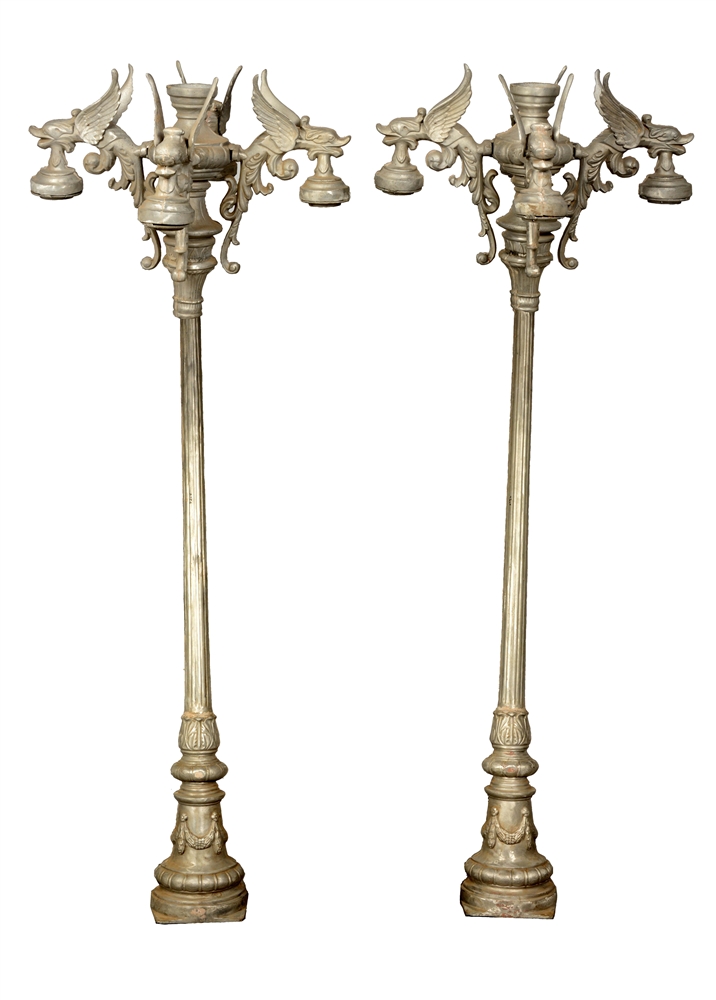 PAIR OF WINGED GARGOYLE LAMP POSTS WITH FINIALS. 