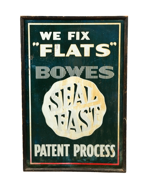 BOWES SEAL FAST "WE FIX FLATS" EMBOSSED METAL SIGN.