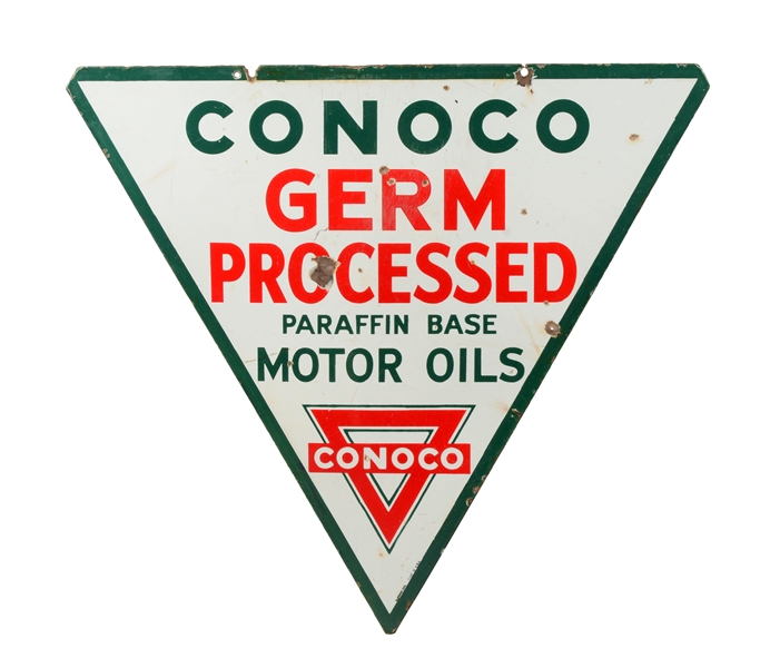 CONOCO GERM PROCESSED OILS W/ LOGO TRIANGLE SHAPED PORCELAIN SIGN.