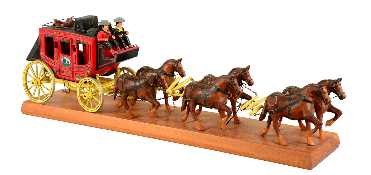 MINIATURE WESTERN "CONCORD" STAGECOACH FOLK ART DISPLAY.