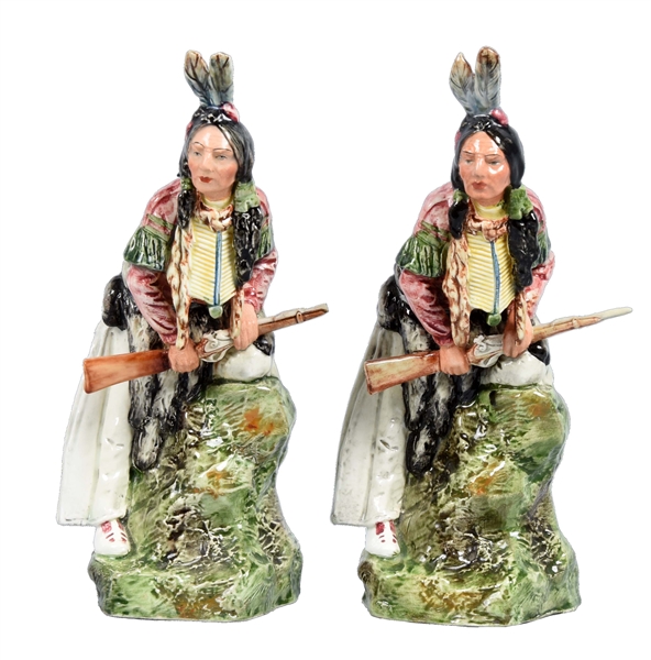 DOUBLE MAJOLICA INDIAN BRAVE FIGURINES. 