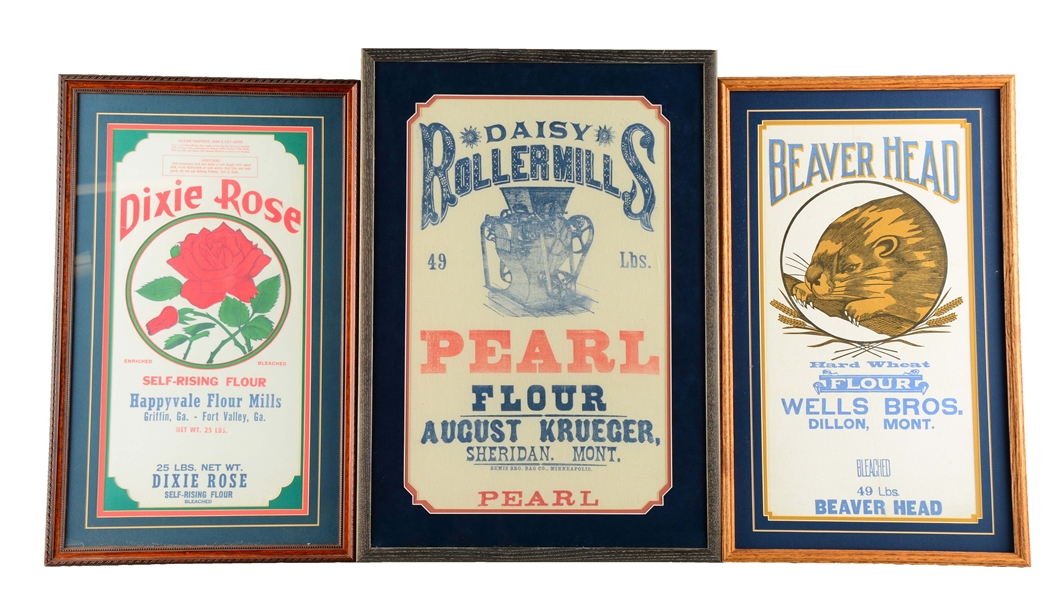 LOT OF 3: FRAMED FLOUR SACKS. 