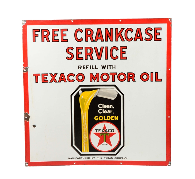 TEXACO "FREE CRANKCASE SERVICE" MOTOR OIL PORCELAIN SIGN.