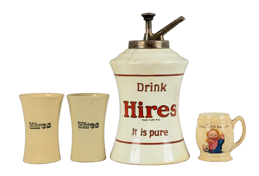 LOT OF 4: HIRES ROOT BEER SYRUP DISPENSER AND MUGS.