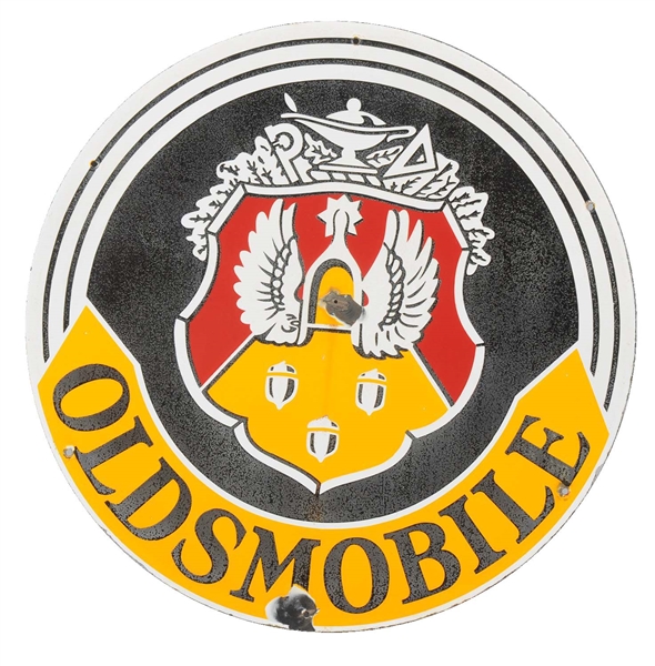 OLDSMOBILE SERVICE WITH CREST LOGO PORCELAIN SIGN.