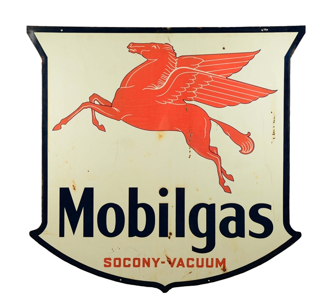 MOBILGAS W/PEGASUS SOCONY-VACUUM SHIELD SHAPED PORCELAIN SIGN.