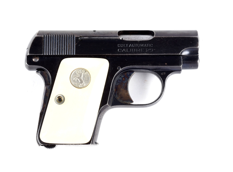 (C) COLT MODEL 1908 HAMMERLESS .25 CALIBER SEMI-AUTOMATIC POCKET PISTOL WITH IVORY GRIPS.