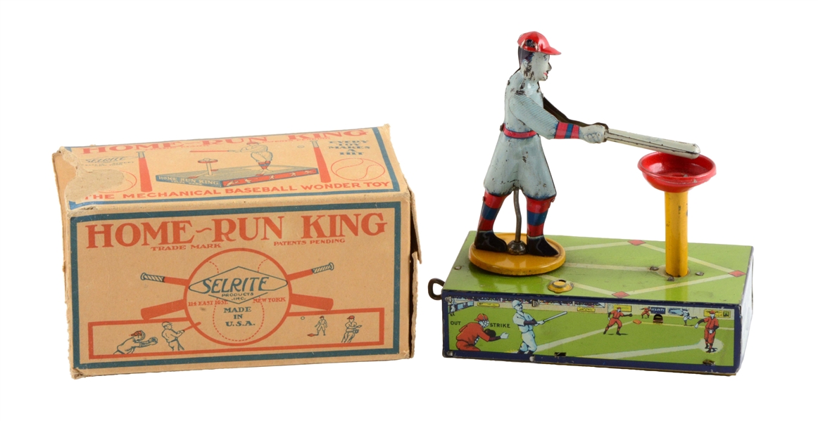 EARLY TIN LITHO WIND UP HOME RUN KING BASEBALL TOY.
