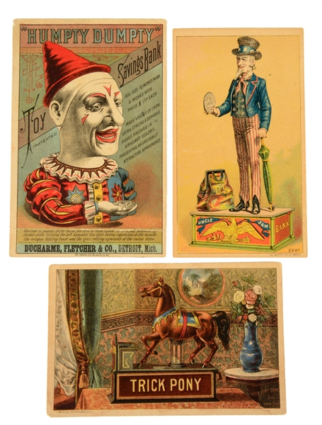 LOT OF 3: MECHANICAL BANK TRADE CARDS. 