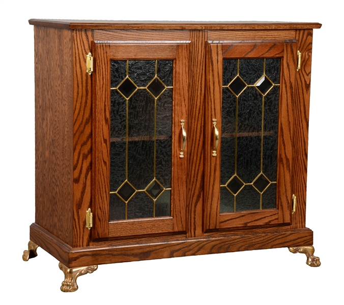 GLASS FRONT OAK DOUBLE SLOT MACHINE STAND.