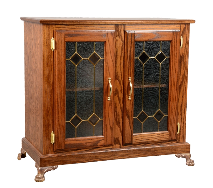 GLASS FRONT OAK DOUBLE SLOT MACHINE STAND.