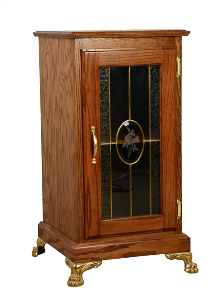 GLASS FRONT OAK SLOT MACHINE STAND.