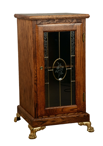 GLASS FRONT OAK SLOT MACHINE STAND.