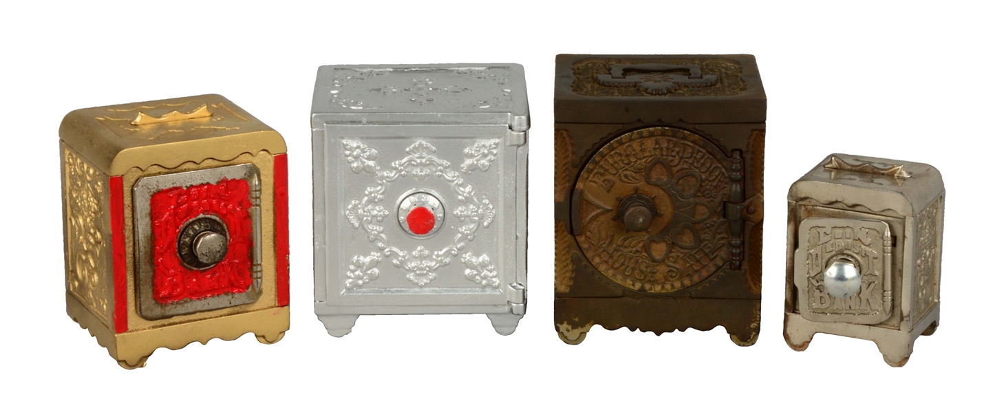 LOT OF 4: VARIETY OF MINIATURE VAULT SAFE COIN BANKS. 