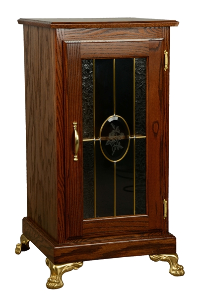 SINGLE SLOT MACHINE STAND WITH GLASS FRONT.