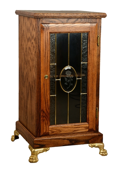 GLASS FRONT OAK SLOT MACHINE STAND.