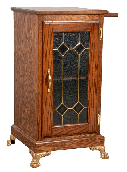 OAK SLOT MACHINE STAND WITH GLASS FRONT.