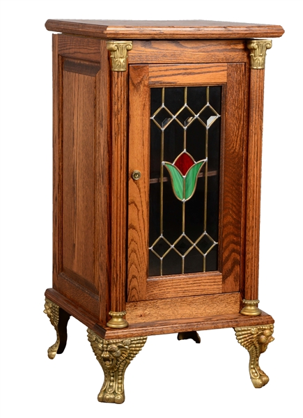 FANCY GLASS FRONT OAK SLOT MACHINE STAND.