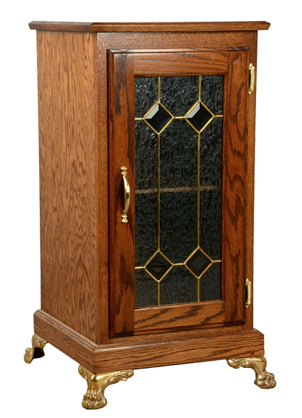 OAK SLOT MACHINE STAND WITH GLASS FRONT.