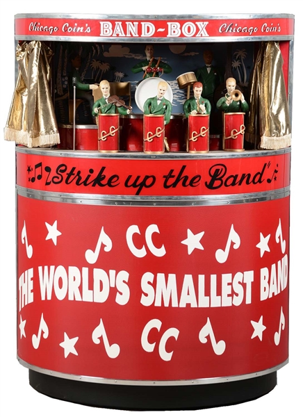 1950S CHICAGO COINS BAND BOX WITH STAND.
