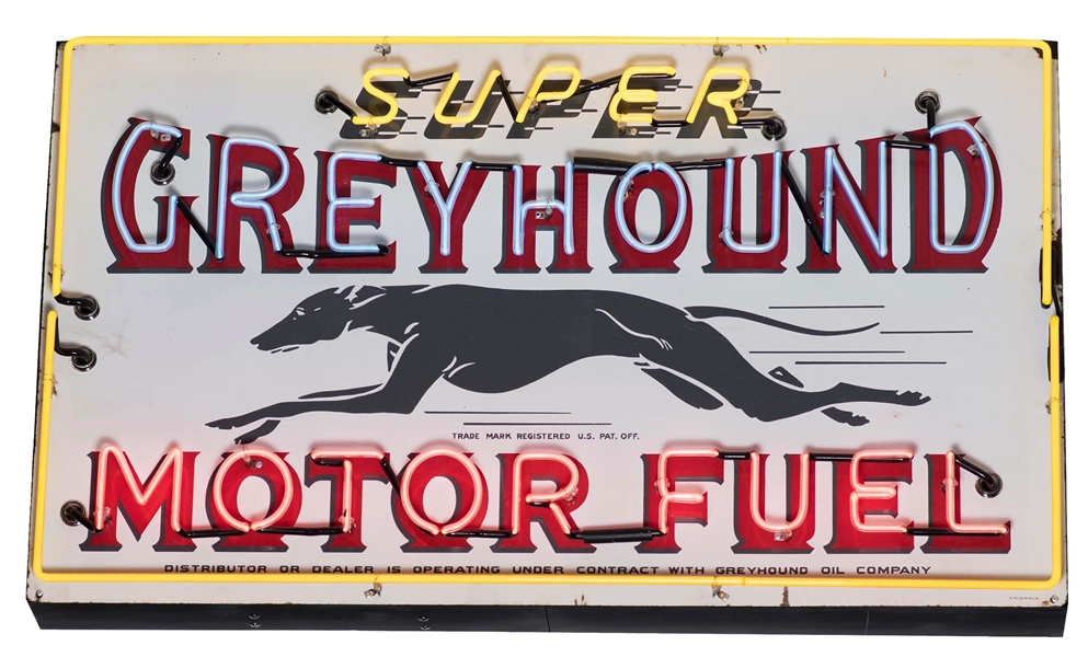 SUPER GREYHOUND MOTOR FUEL PORCELAIN SIGN W/ ADDED NEON.
