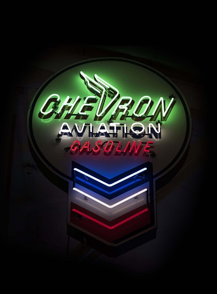 CHEVRON AVIATION GASOLINE TIN DIE-CUT SIGN W/ ADDED NEON.
