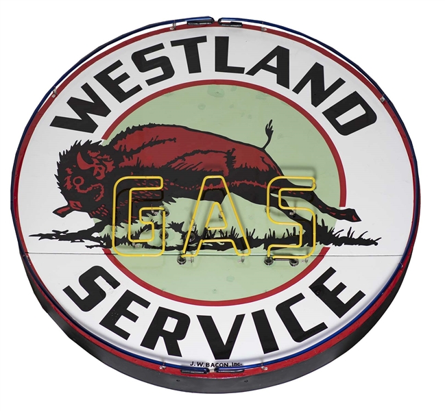 VERY RARE WESTLAND GAS SERVICE STATION PORCELAIN NEON SIGN W/ BUFFALO GRAPHIC.